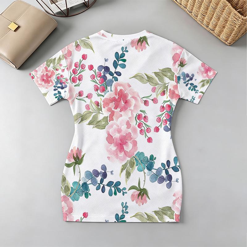Short Sleeve Slim Fit V-Neck Dress American Casual Fresh Floral Soft Fabric, Versatile for Vacation & Daily Commute