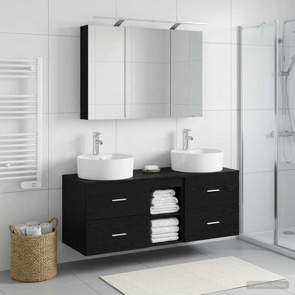 Bathroom Furniture Set 4 pcs Black Oak Engineered Wood and Glass