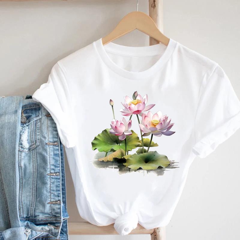 (Asian Size) Short Sleeve T Shirt Watercolor Flower Style 90s Fashion Women Casual Tee Top Clothing Print Ladies Female Graphic T-shirts