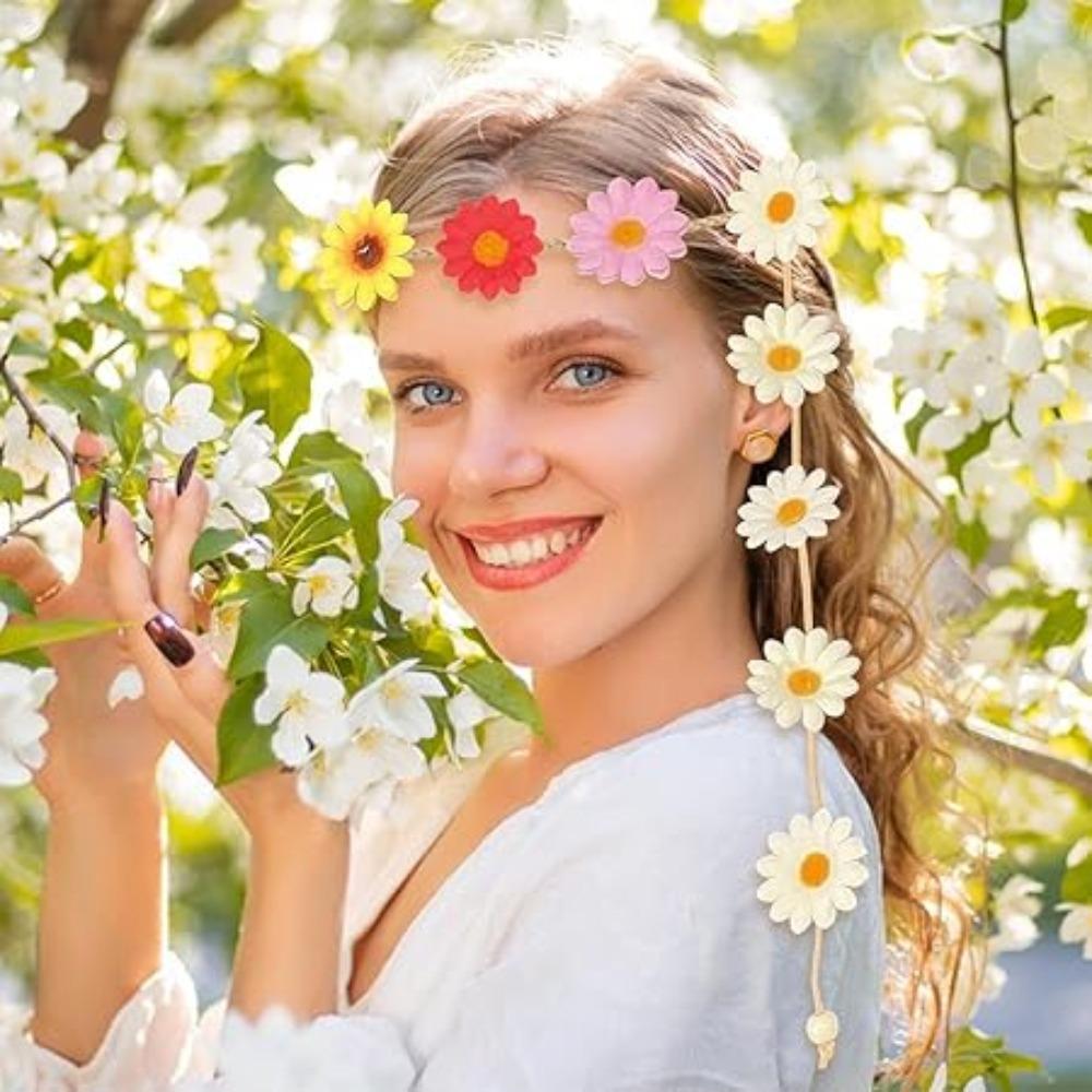 Цветочная повязка на голову для девочки, головной убор с кисточками из маргариток, повязка на голову в стиле бохо, цветочная бандана, аксессуары для волос для вечеринок для женщин