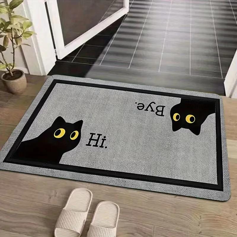 "Hi Bye" Black Cat Entryway Doormat Non-Slip Washable Dirt Trapper Stain Resistant Floor Mat for Cat Lovers