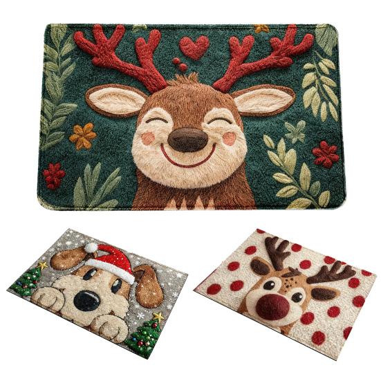 Коврик на пол из искусственного меха, мультяшный рисунок оленя и собаки, рождественская тематика, нескользящий коврик, декор для гостиной, спальни, кухни