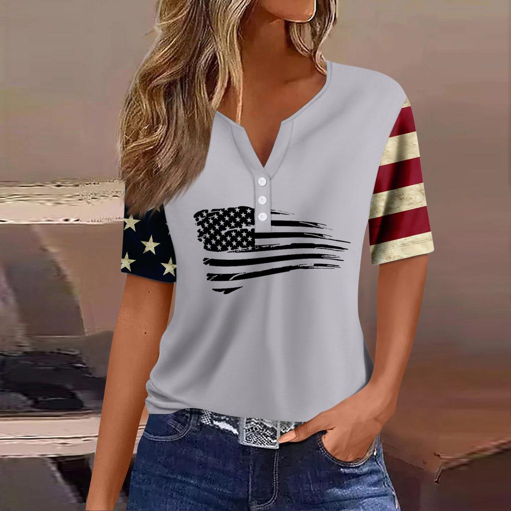 Жен. Футболка Футболка С принтом Пуговицы С короткими рукавами Повседневные Выходные Мода Классический V-образный вырез Обычный Верх
