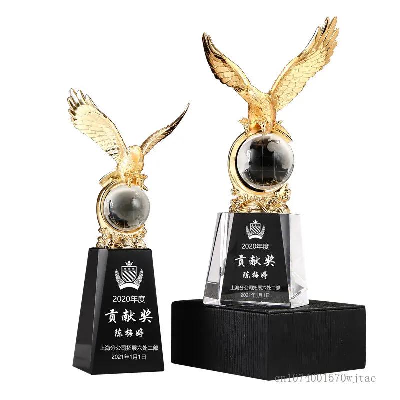 Customized High-End Metal Eagle Plus Crystal Trophy, annual Meeting Award, Souvenir, Sales, Home Decoration, Engraving, New, 1Pc