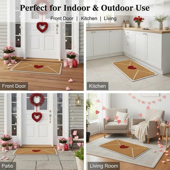 Коврик для двери на День святого Валентина Красное сердце Конверт Приветственный коврик Нескользящий Скребок для грязи и глины Текстурированный коврик для входной двери для прихожей