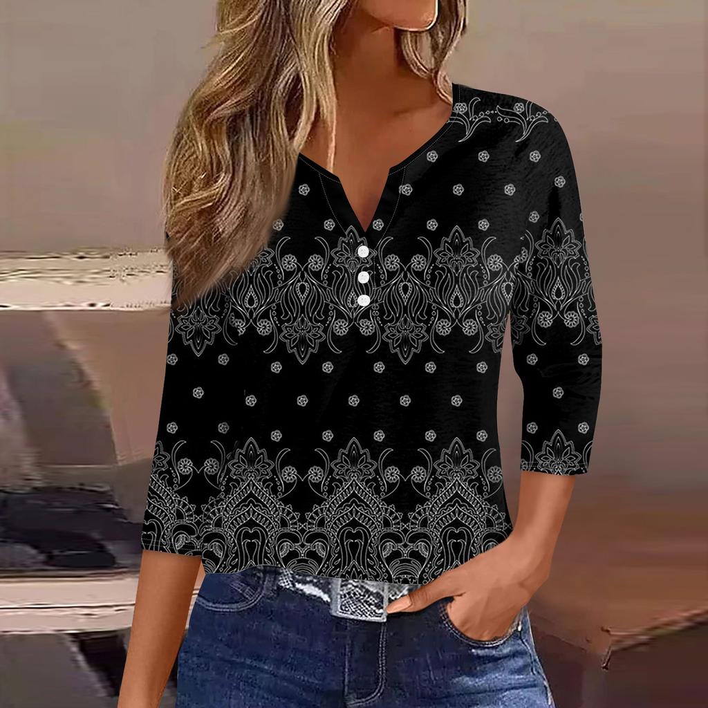 Жен. Футболка Футболка С принтом Пуговицы Рукав 3/4 Повседневные Выходные Мода Классический Классический V-образный вырез Обычный Верх