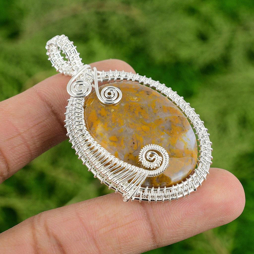 Wedding Gift For Her 925 Silver Natural Plume Agate Pendant Wire Wrapped