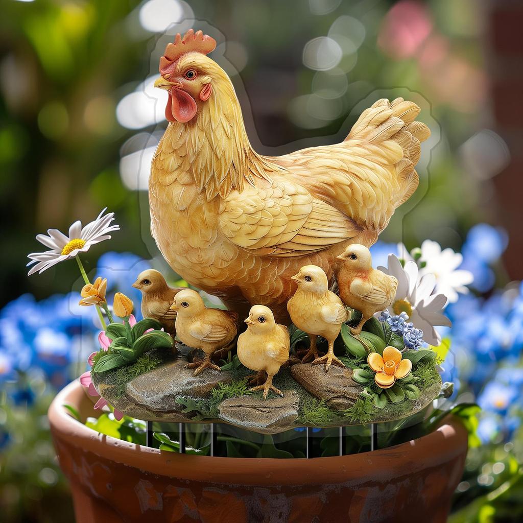 Garden Hen and Chicks Stake Yard Sign Ornament 2D Decorative Accessories for Walkway