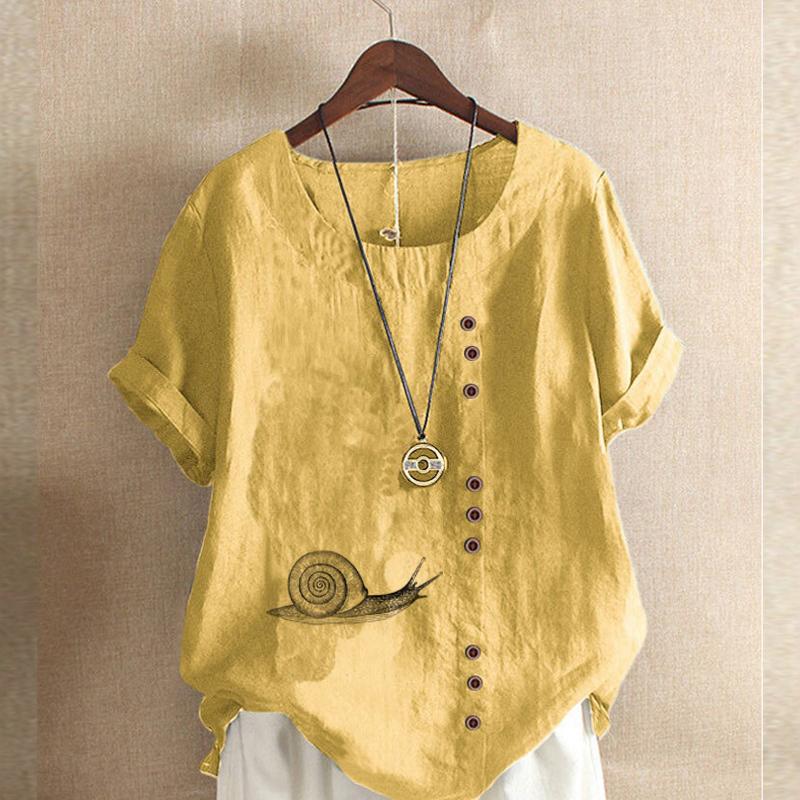 Women's Fashion Round Neck Short Sleeve T-shirt Casual Cotton Linen Graphic Shirt Leisure Loose Snail Prined Summer Blouse Tops