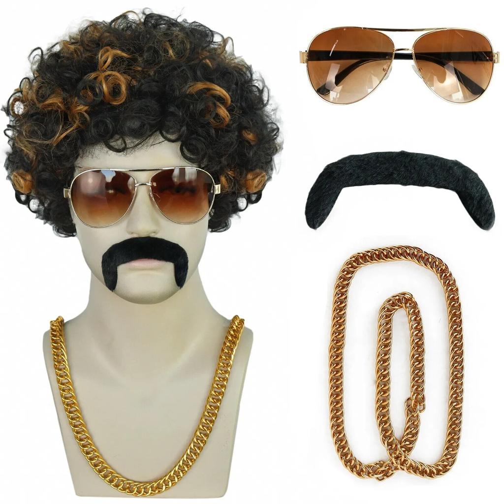 1 ожерелье + 1 очки + 1 шапочка для парика + 1 борода + синтетические короткие афро вьющиеся черные коричневые 80-е 70-е годы диско-рок мужской парик для косплея на Хэллоуин