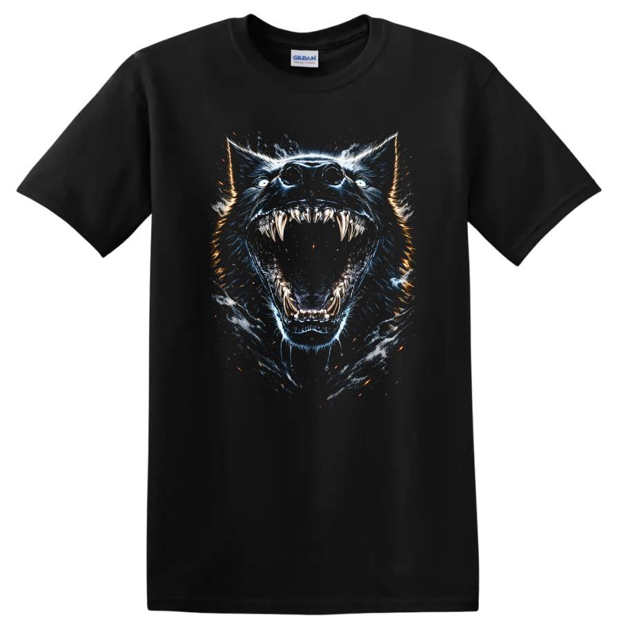 Wolf Graphic T Shirt Fierce Animal Design w/ Blue Flame Art Tee