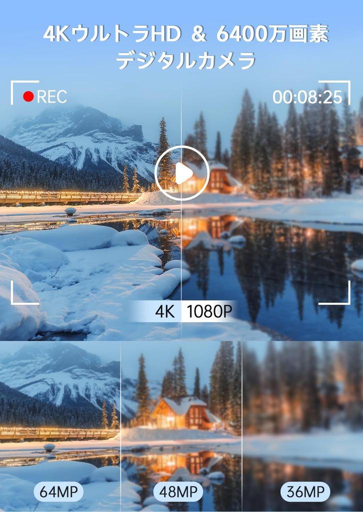 Цифровая камера 4K 64 мегапикселя 30 кадров в секунду Цифровая камера с 64 ГБ TF-картой Функция селфи 18-кратный цифровой зум 2,8-дюймовый IPS-экран AF Автофокус Перезаряжаемый