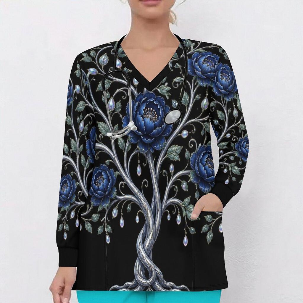 Women Plus Size V Neck Long Sleeve Printed Scrub Top Black Gold Floral With Front Pockets