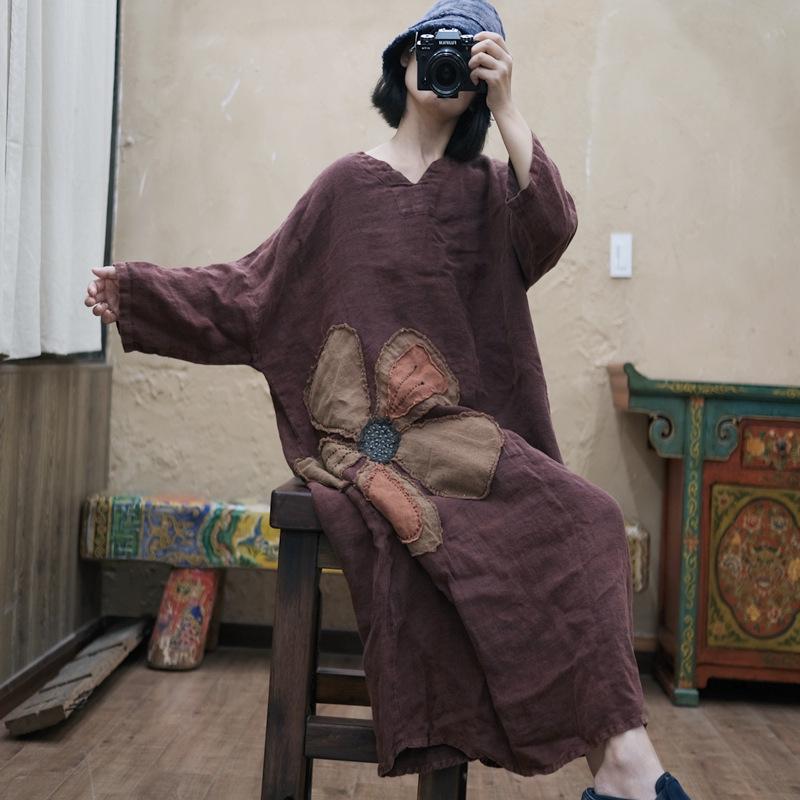 Винтажное красное свободное льняное платье с вышивкой в виде снежинок в стиле дзен (1998)