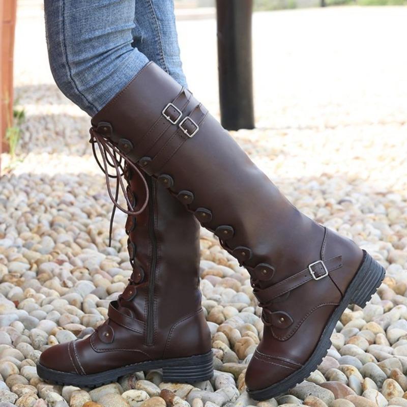 Модные женские ботфорты до колена в ретро-стиле, модные длинные ботинки в рыцарском стиле со шнуровкой, на платформе и каблуке, осенне-зимние ботинки с пряжкой для женщин D262