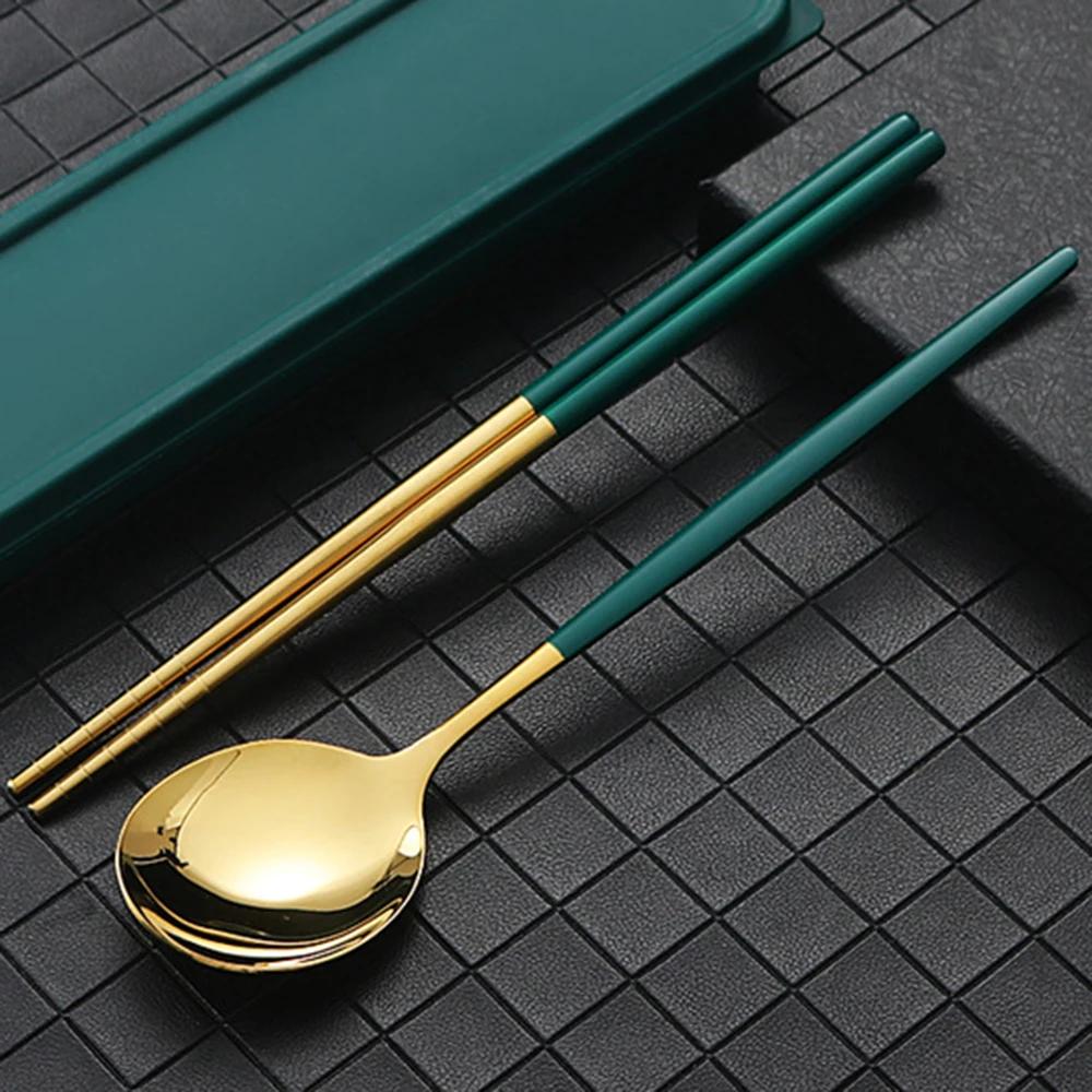 4 шт. Золотой портативный набор столовых приборов с коробкой ложка вилка палочки для еды набор из нержавеющей стали обеденная посуда кухонные принадлежности