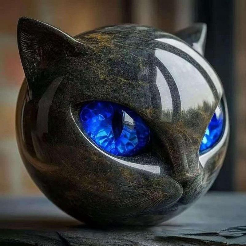 1Pcs Blue Luxurious Black Cat Stone Resin Sculpture - Elegant Volcanic Rock Effect Statue With
