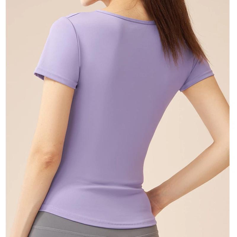 New Summer Running V-neck Yoga T Shirt Female Short sleeved Naked Quick drying Fitness Pleated Sports Top for Women