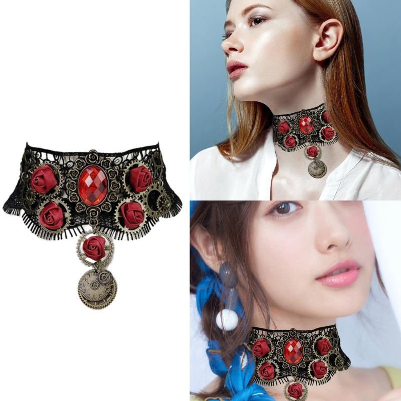 Черный кружевной чокер Готический ожерелье-чокер для Хэллоуина Формальное свидание Наряд в готическом панк-стиле Темный ошейник