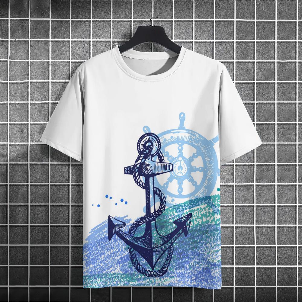 Мужская футболка в стиле ретро с 3d принтом «Якорь лодки» Футболки с короткими рукавами Топы с морским принтом Свободная футболка большого размера с коротким рукавом для мужчин