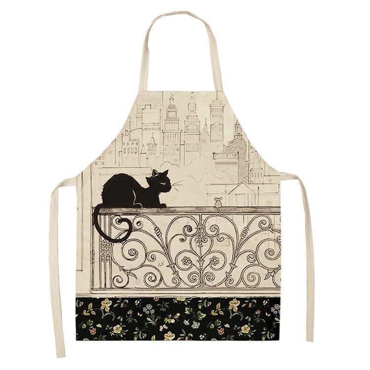Home Kitchen Black and White Cat Letter Apron Women's Linen Cleaning Tool Apron Home Cooking Waist Baking Apron