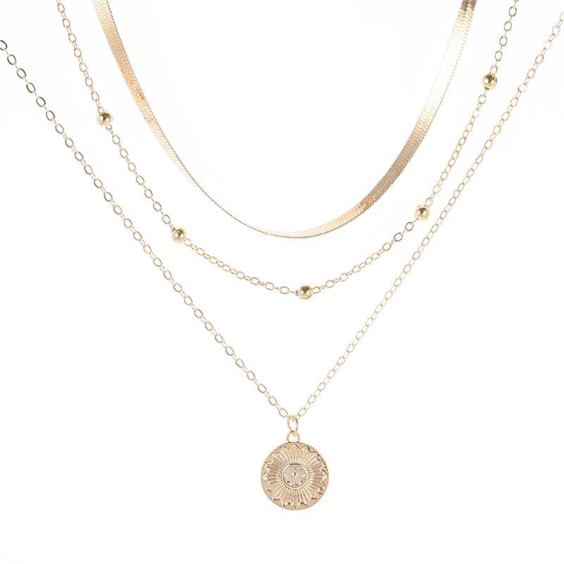 Minimally Designed Multi-layer Pendant Necklace, Fashionable And Personalized For Women, Featuring Gold Beads, Circular Blades, And Necklaces