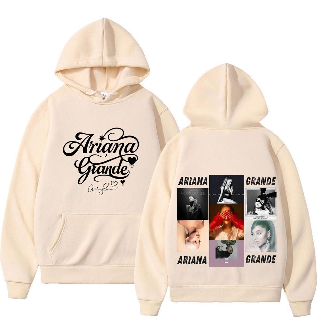 Unisex Black Hoodie Ariana Grande Double Sided Print Hooded Sweatshirt Album Cover Photo Collage Vintage Pop Singer Graphic Streetwear Pullover