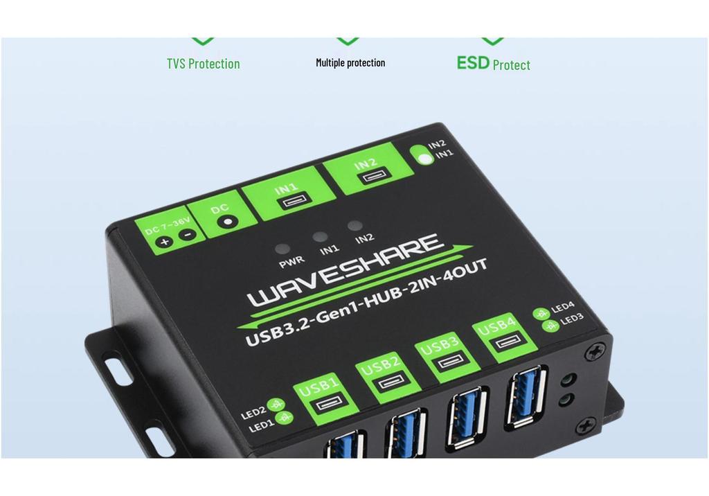 Dual Host Industrial 4-Port USB 3.2 Hub, 2-in-4-out Expansion Module