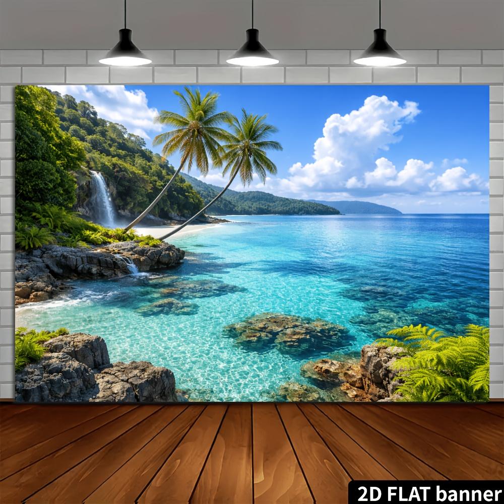 2D planar tropical island beach landscape banner background. Tropical seaside theme, featuring tilted coconut trees.
