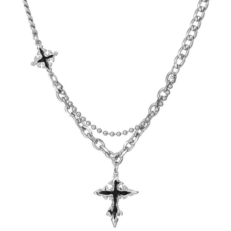 Summer Black Rhinestone Cross Jesus Pendant Choker Necklace for Women Punk Vintage Double Layers Chain Neck Boho Jewelry