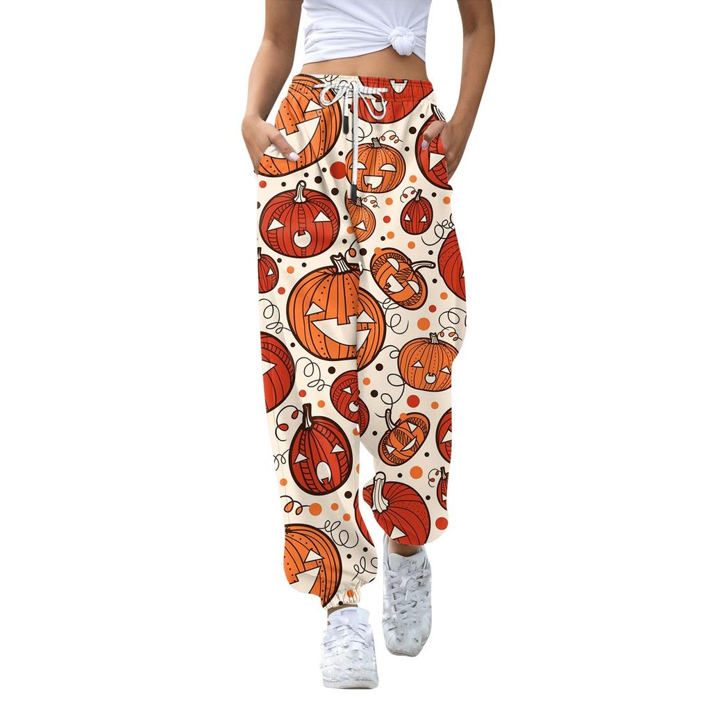 Женские повседневные модные брюки для отдыха с принтом на Хэллоуин, спортивные штаны, брюки с эластичной резинкой на талии, брюки со шнурком