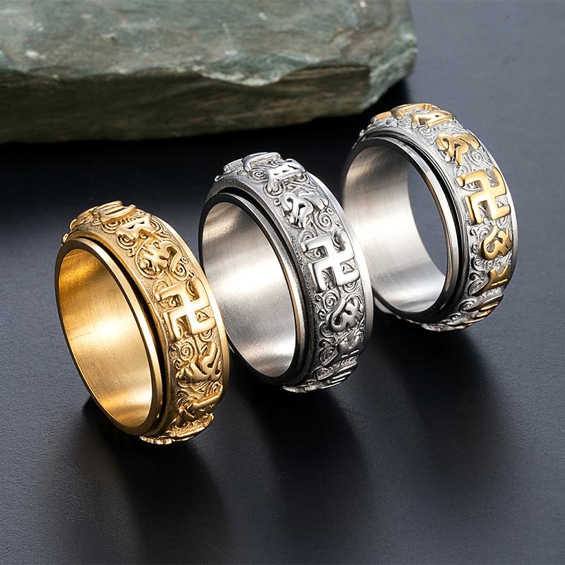 2025 Six Syllables Spinner Ring 360° Rotating  Unisex Band - Stress Relief Sizes 7-12 Gold/Steel/ Men Trendy Gifts