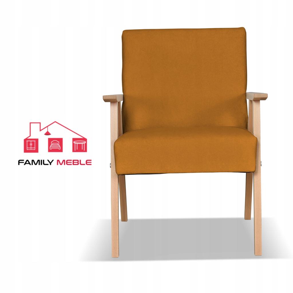 Fotel w stylu PRL retro vintage SOLER Family Meble musztardowy welur Hunter