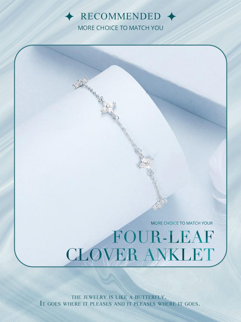 BAMOER 925 Sterling Silver Four-Leaf Clover Anklet Exquisite Sparkling Versatile Anklet For Women Fine Jewelry Party