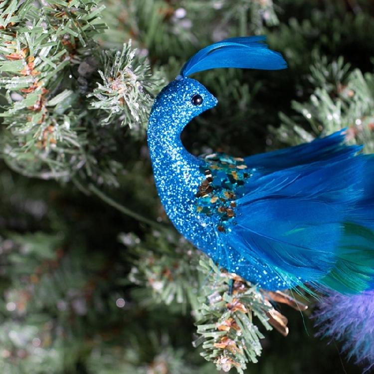 2Pcs Artificial Natural Feathered Peacocks with Long Tail Designs Christmas Tree Clip on Ornaments for Home Party Decor