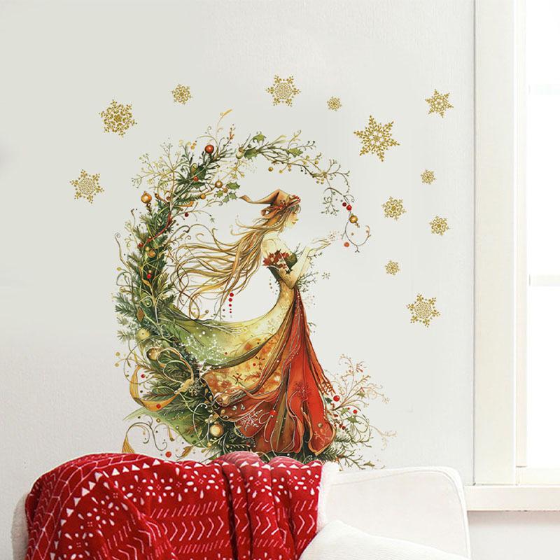 Christmas Wall Sticker: Green Tree with Gold Snowflakes and Red Girl Design for Living Room & Bedroom