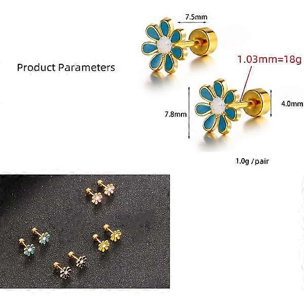 18G Cute Daisy Flower Stud Cartilage Earrings for Women Girls 14K Gold Plated Stainless Steel Enameled Fine Screw Back