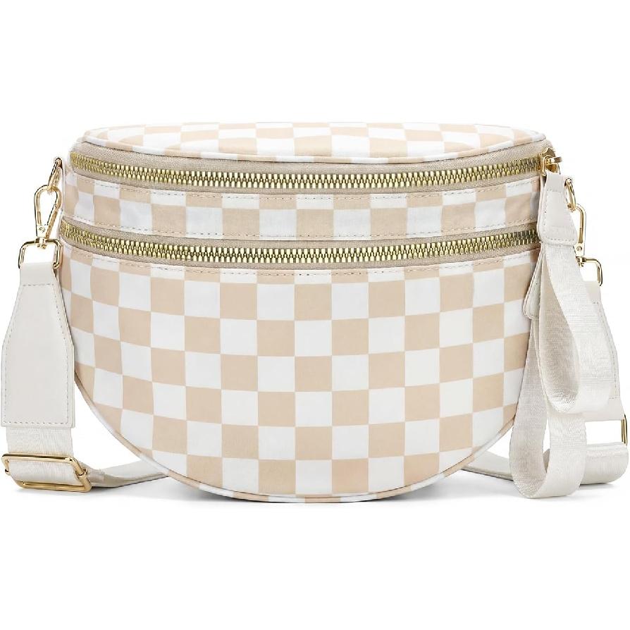 Checkered Crossbody Bag Nylon Bum Bags for Women Spacious Handbags Checkered Purse Fanny Packs with Shoulder Strap