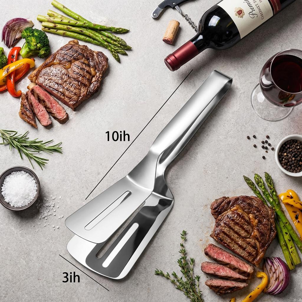 Durable Stainless Steel Steak Clip - Multifunctional Grill Tongs with Spatula, Essential BBQ Tool for Steak & Meat