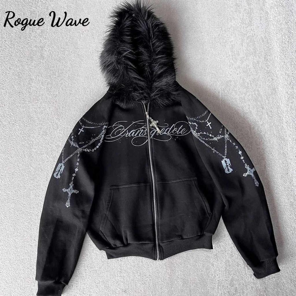 RogueWave Американский Ретро Рок Готика Графическая Толстовка С Меховым Воротником Свободного Кроя На Молнии Y2K Новая Харадзюку Панк Повседневная Толстовка Джокера Уличная Одежда