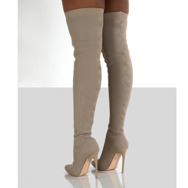 Sexy Pointed Toe Thin High-heeled Over-the-knee Knitted Boots for Women's Knitting Stretch Socks Boot Luxury Shoe Autumn Winter