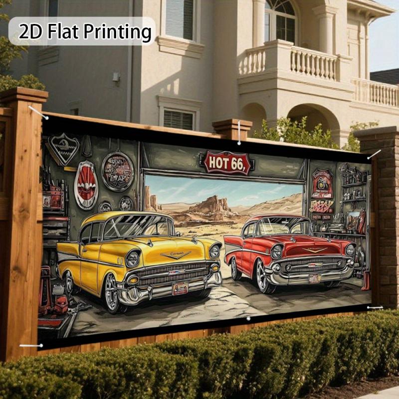 1Garage Door Decoration Banner - Retro Hot Car Garage Scene with Classic Cars - No Electricity Required