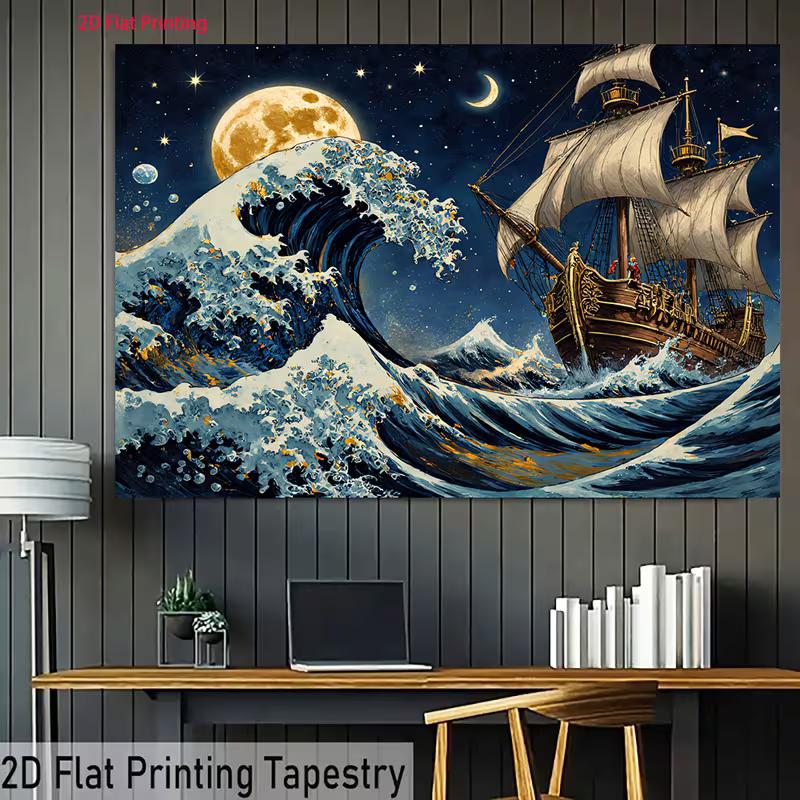 2D Pirate Ship Night Background, Big Wave and Golden Moon Decor
