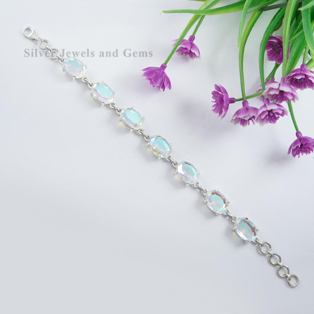 Oval Angel Aura Quartz Bracelet, Gift for Mom, Women's Bracelet, Aura Quartz Prong Bracelet, 925 Sterling Silver Bracelet