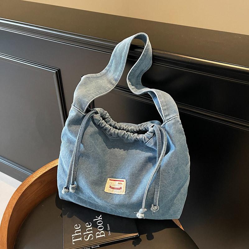 Drawstring Casual Denim Shoulder Bag For Women Soft Material Large Capacity Street Style