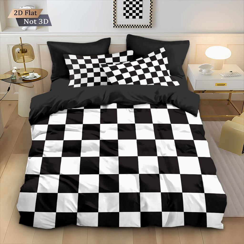 3pcs Contrasting Checkerboard Printed Coreless Down Duvet Cover Set, Multi Size Bedding Decoration, Machine Washable