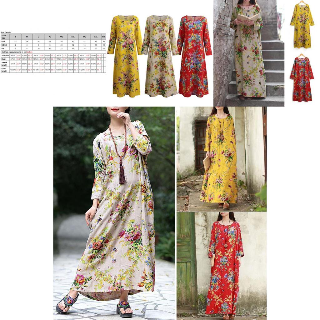 Vintage Women Casual Boho Dress Maxi Loose Long Cotton Dress Floral Sleeve Linen