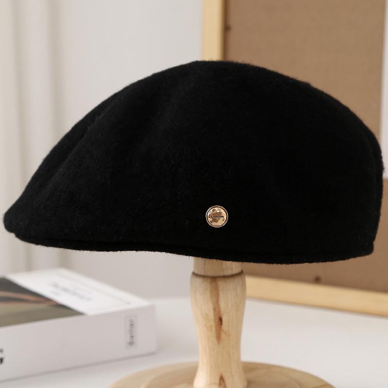 Woolen solid color cap women's autumn and winter literary and versatile big head circumference showing face small cloud painter hat