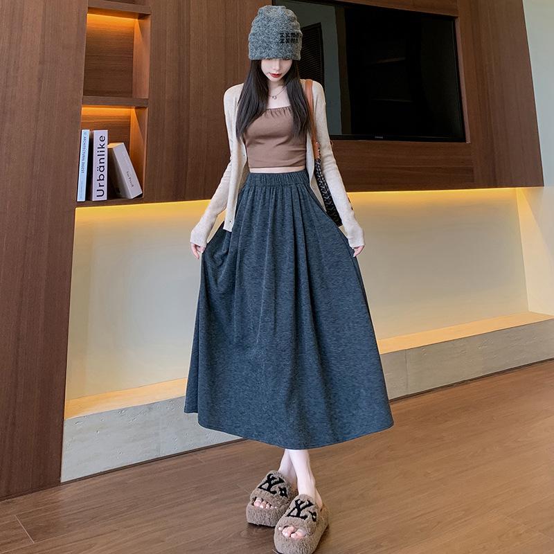 Women's H560 High Waist A-Line Gray Knit Skirt - Slim Fit, Long Umbrella Style for Spring and Autumn