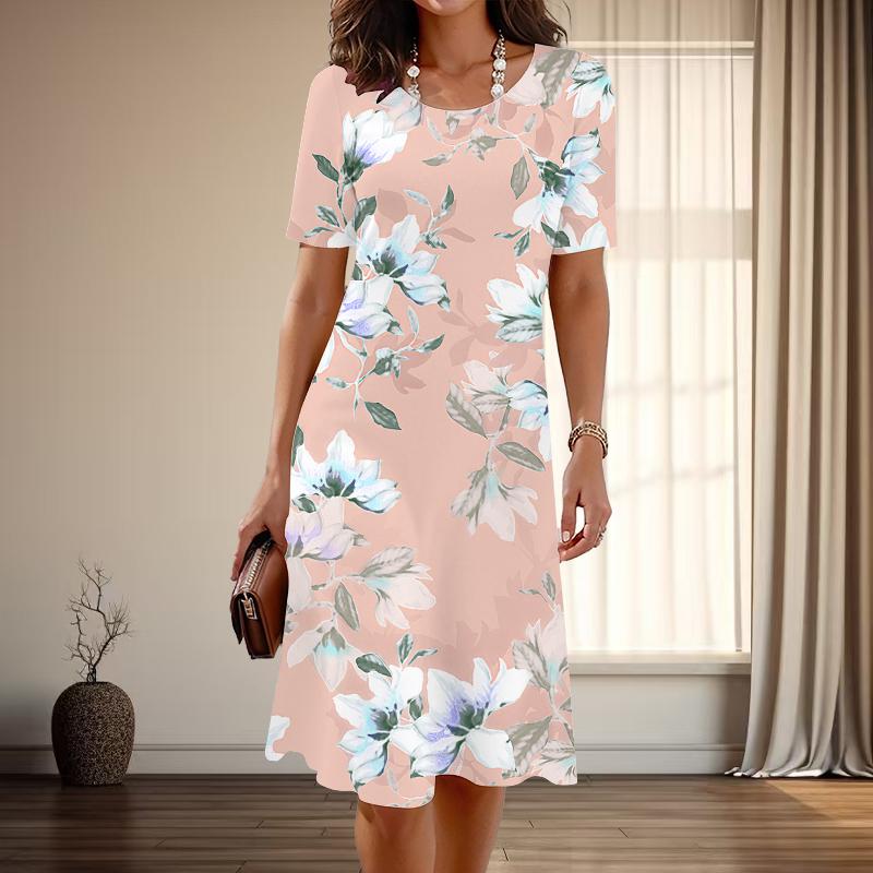 Женская мода изящный цветочный принт лето весна короткий рукав О-образный вырез повседневные платья